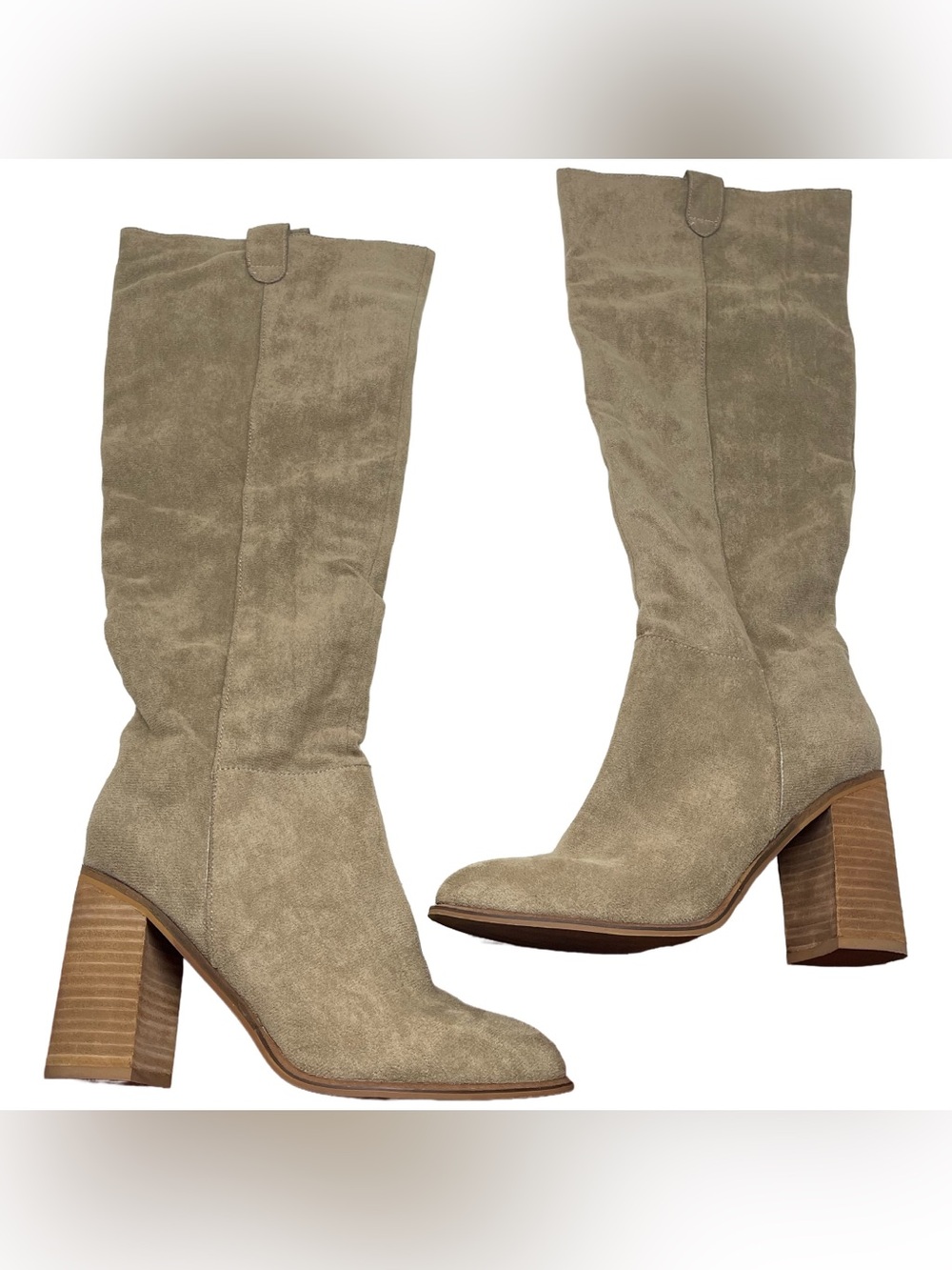 Oasis Society Taupe Faux Suede Slouchy Knee High Block Heel Boots Women's Size 9